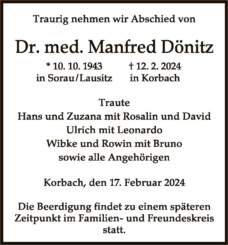  Traueranzeige für Manfred Dönitz vom 17.02.2024 aus WLZ