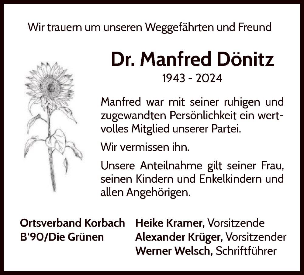  Traueranzeige für Manfred Dönitz vom 21.02.2024 aus WLZ