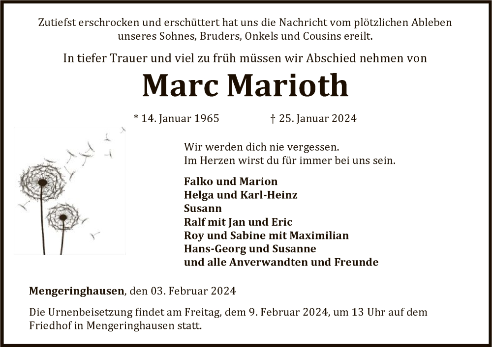  Traueranzeige für Marc Marioth vom 03.02.2024 aus WLZ