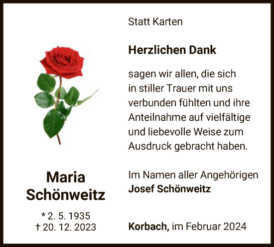 Traueranzeige von Maria Schönweitz von WLZ