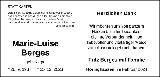 Traueranzeige von Marie-Luise Berges von WLZ