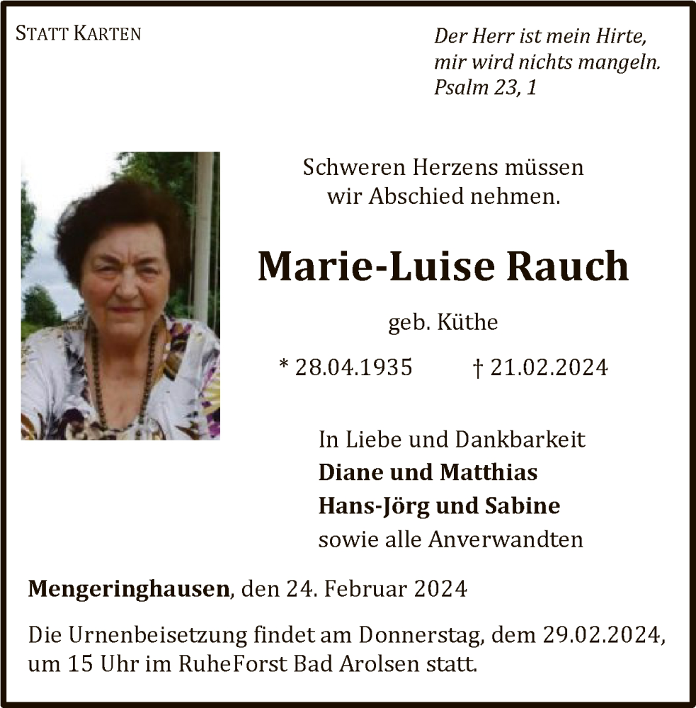  Traueranzeige für Marie-Luise Rauch vom 24.02.2024 aus WLZ