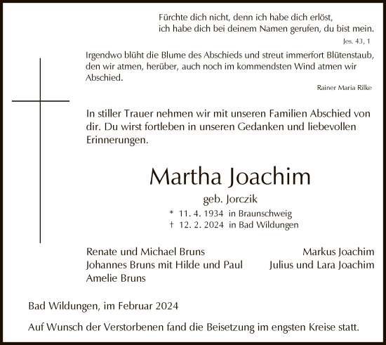 Traueranzeige von Martha Joachim von WLZ