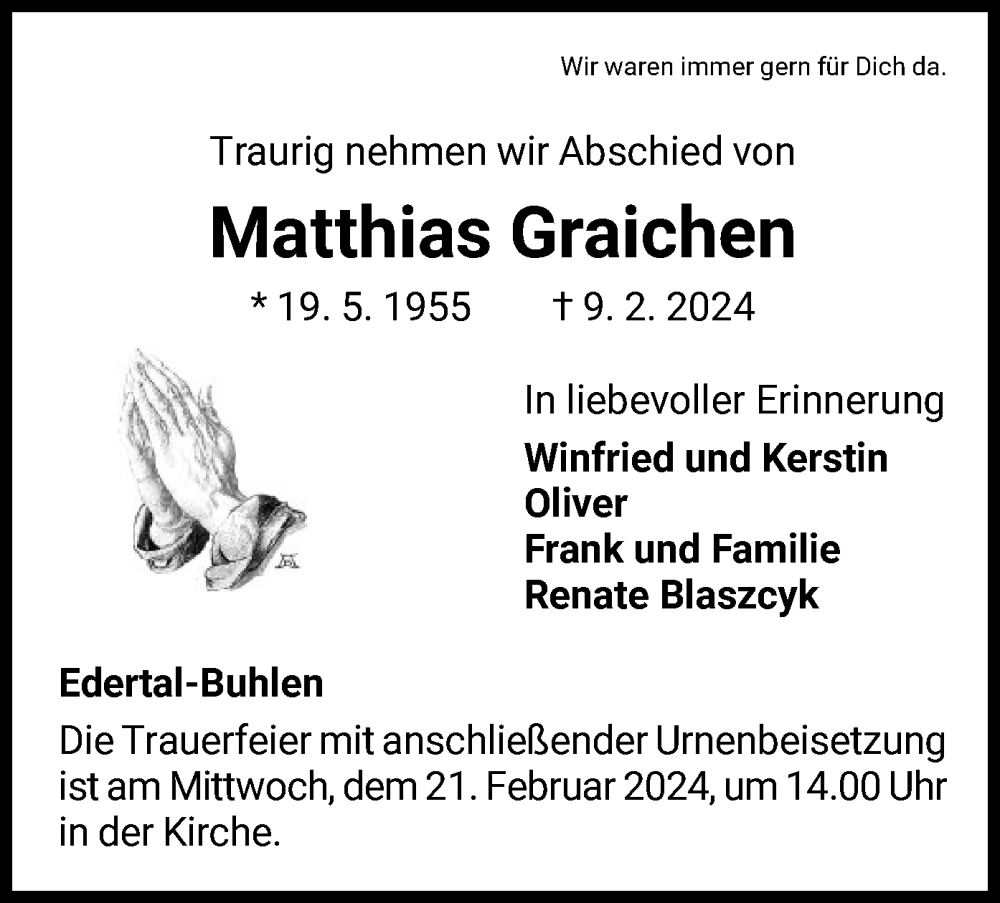  Traueranzeige für Matthias Graichen vom 17.02.2024 aus WLZ
