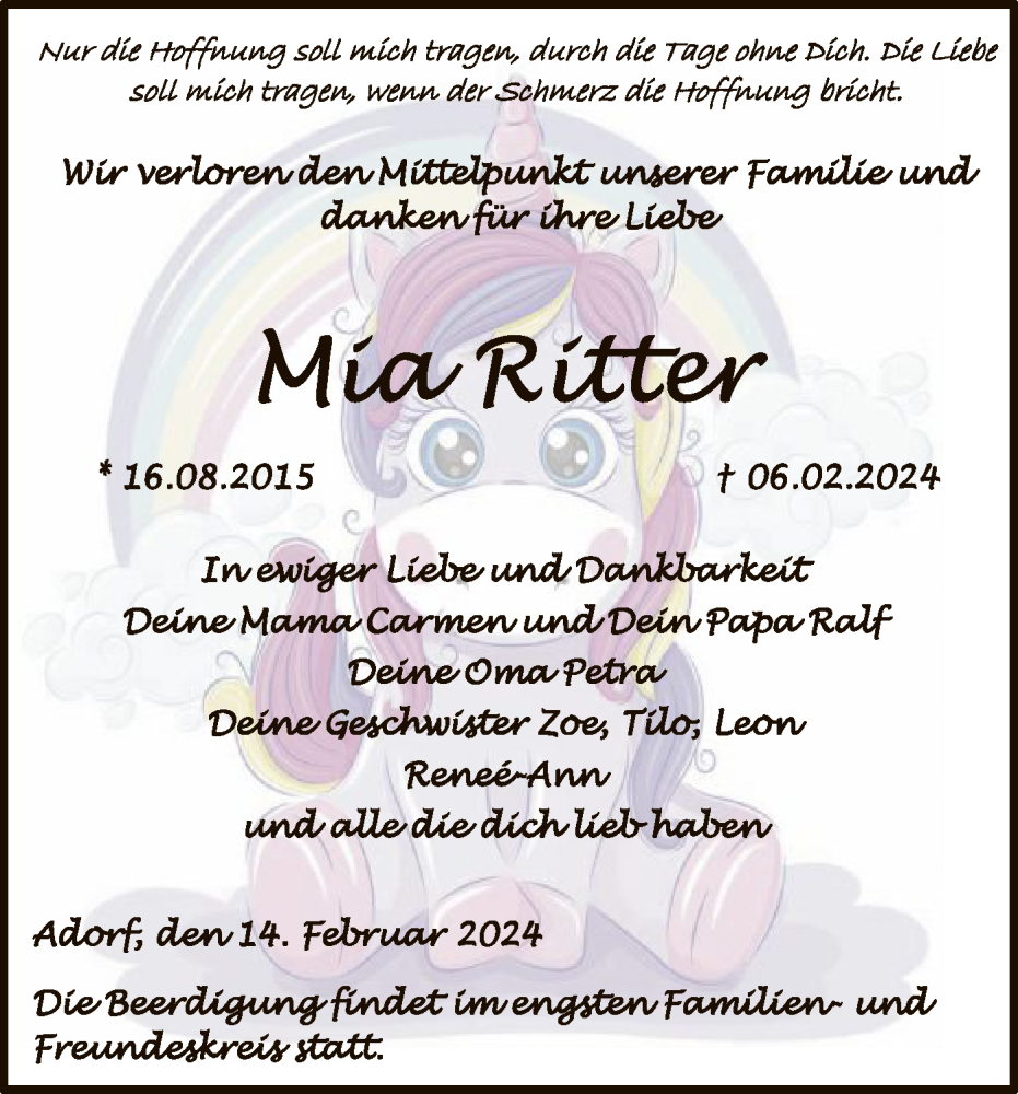  Traueranzeige für Mia Ritter vom 14.02.2024 aus WLZ