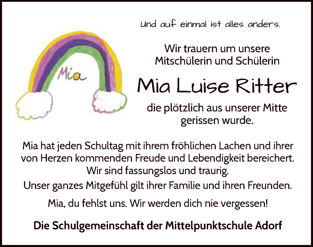  Traueranzeige für Mia Ritter vom 14.02.2024 aus WLZ