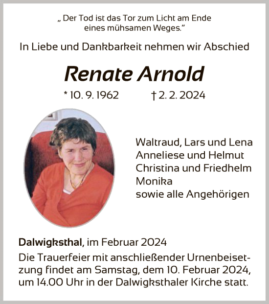Traueranzeige von Renate Arnold von WLZ