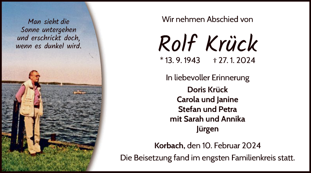  Traueranzeige für Rolf Krück vom 10.02.2024 aus WLZ
