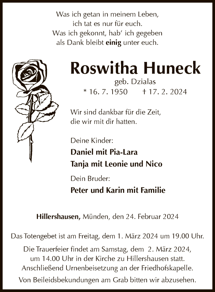  Traueranzeige für Roswitha Huneck vom 24.02.2024 aus WLZ