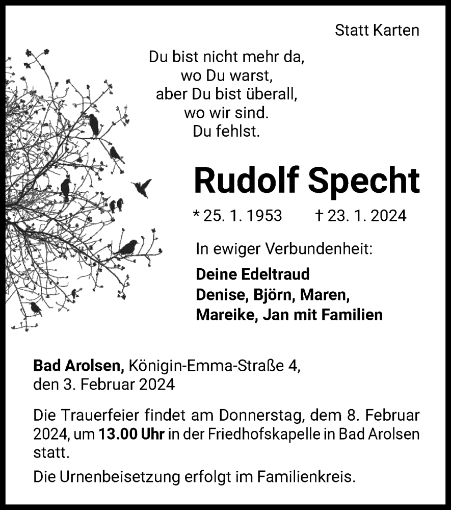  Traueranzeige für Rudolf Specht vom 03.02.2024 aus WLZ