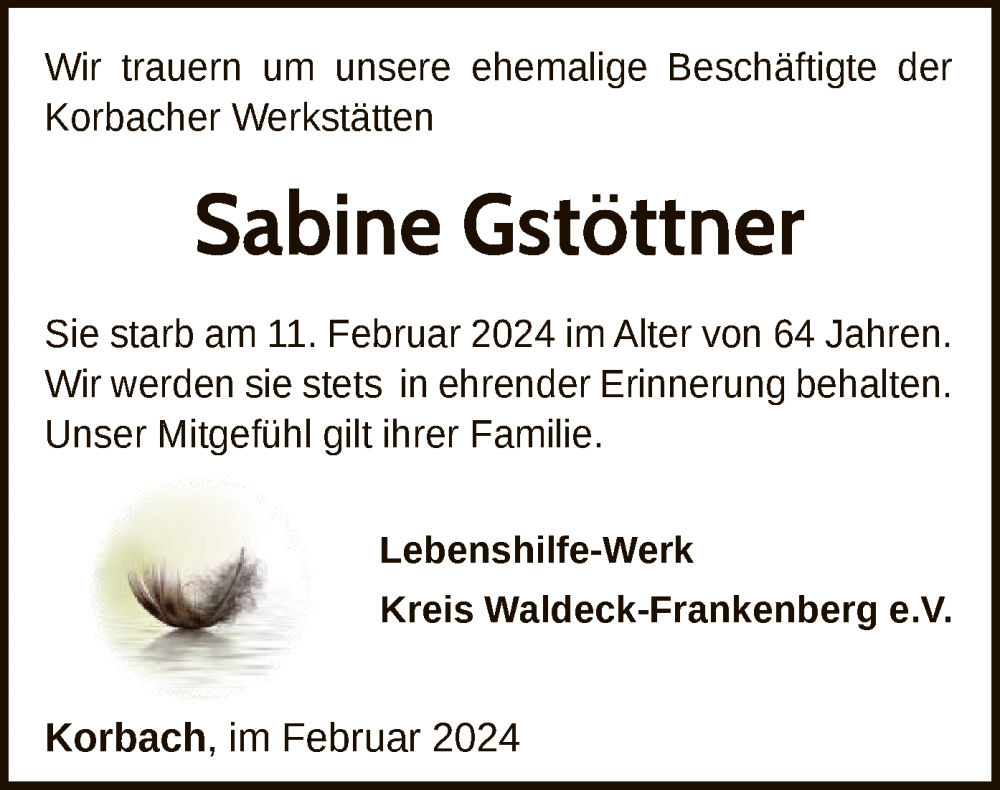  Traueranzeige für Sabine Gstöttner vom 22.02.2024 aus WLZ