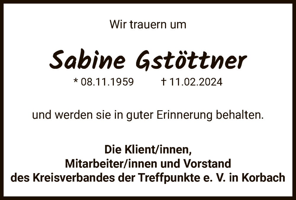  Traueranzeige für Sabine Gstöttner vom 17.02.2024 aus WLZ