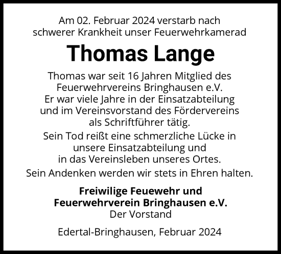 Traueranzeige von Thomas Lange von WLZ