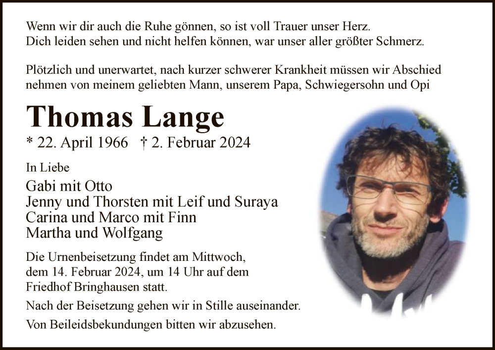  Traueranzeige für Thomas Lange vom 10.02.2024 aus WLZ