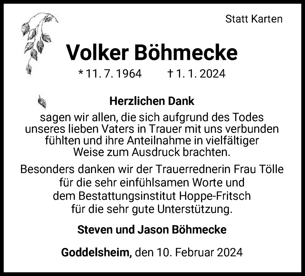  Traueranzeige für Volker Böhmecke vom 10.02.2024 aus WLZ