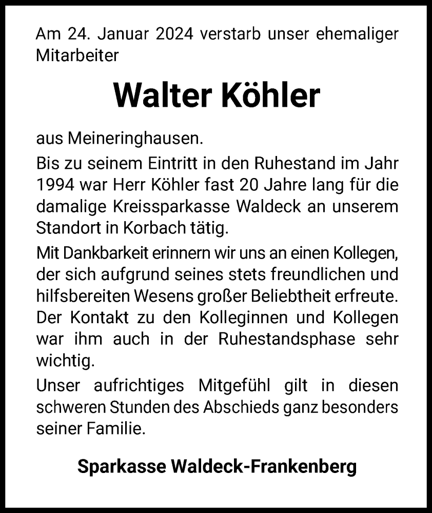  Traueranzeige für Walter Köhler vom 12.02.2024 aus WLZ