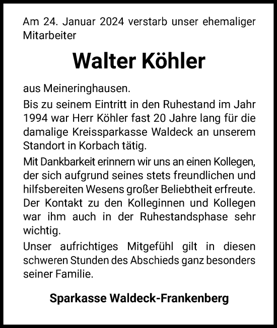 Traueranzeige von Walter Köhler von WLZ