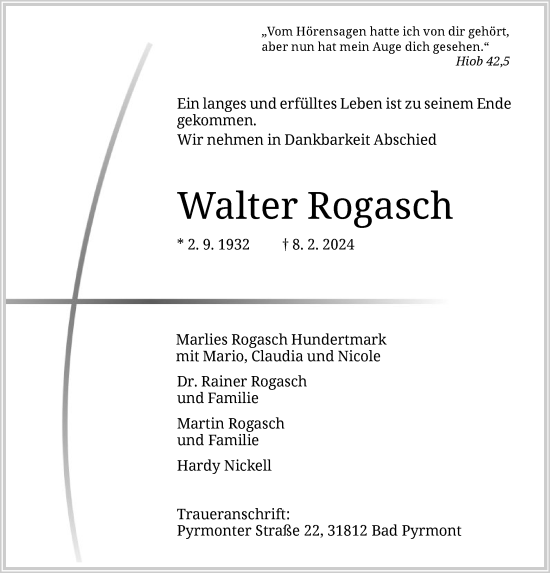 Traueranzeige von Walter Rogasch von WLZ