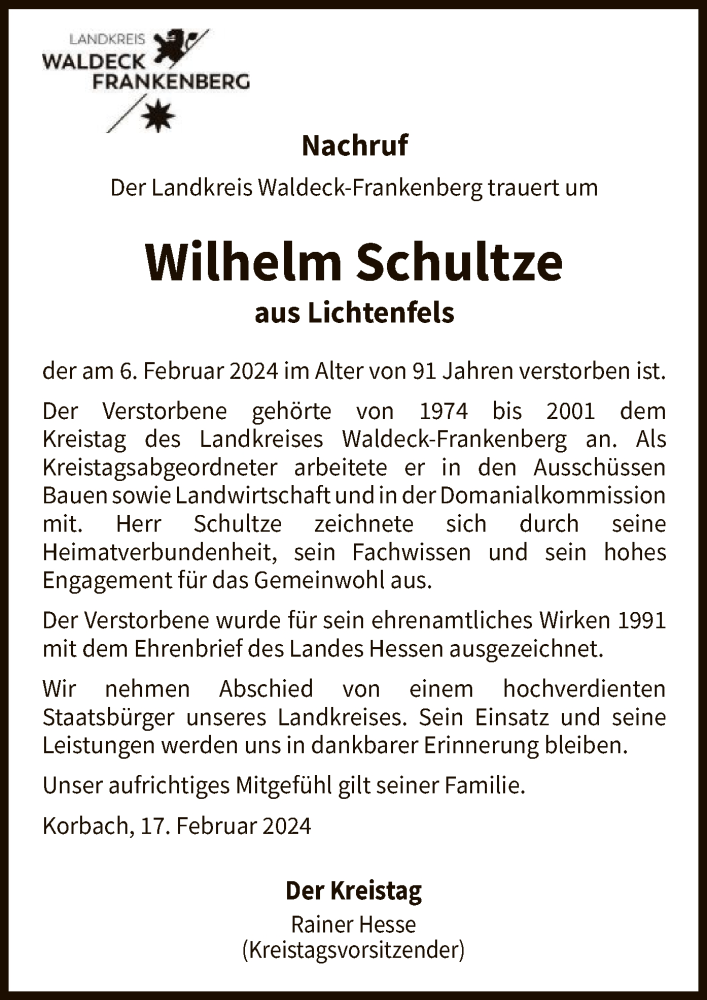  Traueranzeige für Wilhelm Schultze vom 17.02.2024 aus WLZHNA