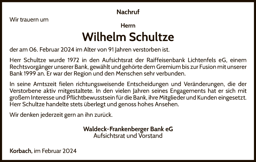  Traueranzeige für Wilhelm Schultze vom 20.02.2024 aus WLZ