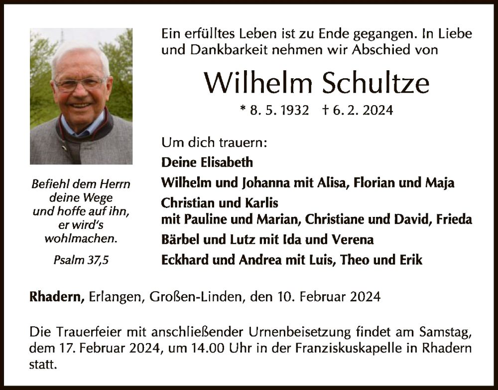  Traueranzeige für Wilhelm Schultze vom 10.02.2024 aus WLZ
