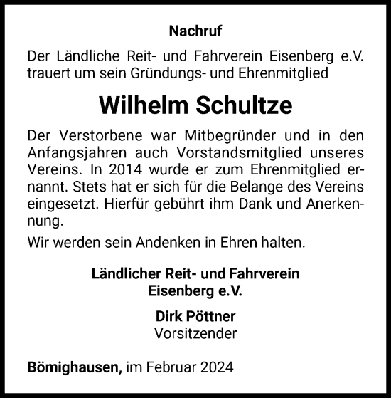 Traueranzeige von Wilhelm Schultze von WLZ