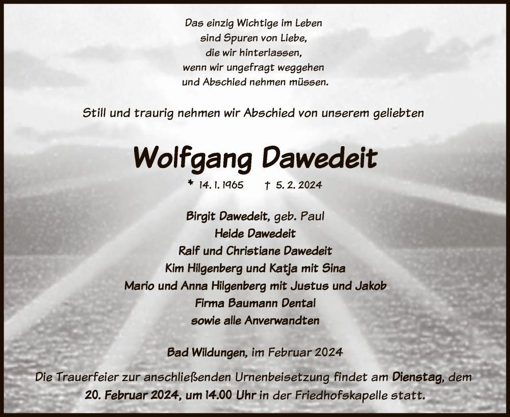  Traueranzeige für Wolfgang Dawedeit vom 10.02.2024 aus WLZHNA