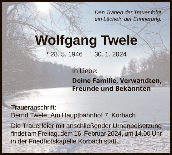 Traueranzeige von Wolfgang Twele von WLZ