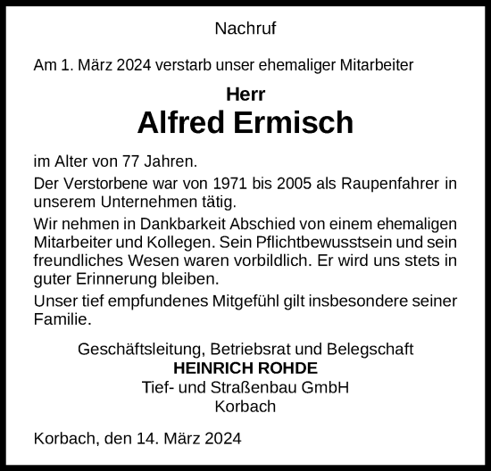 Traueranzeige von Alfred Ermisch von WLZ
