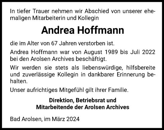 Traueranzeige von Andrea Hoffmann von WLZ