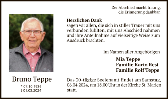 Traueranzeige von Bruno Teppe von WLZ