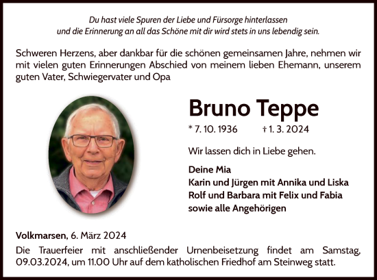 Traueranzeige von Bruno Teppe von WLZ