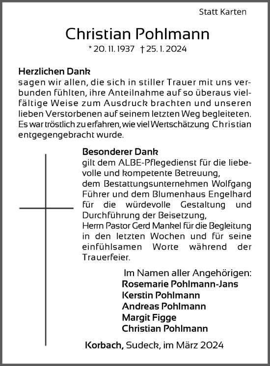 Traueranzeige von Christian Pohlmann von WLZ