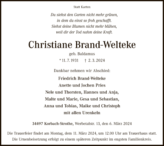 Traueranzeige von Christiane Brand-Welteke von WLZ