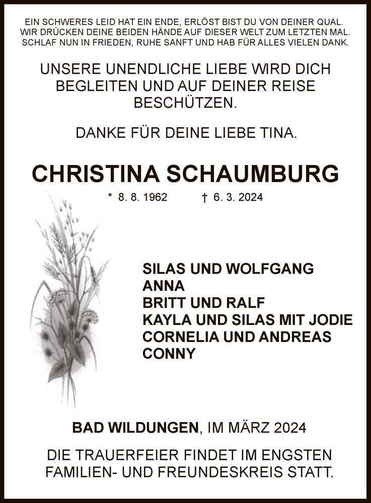  Traueranzeige für Christina Schaumburg vom 09.03.2024 aus WLZ