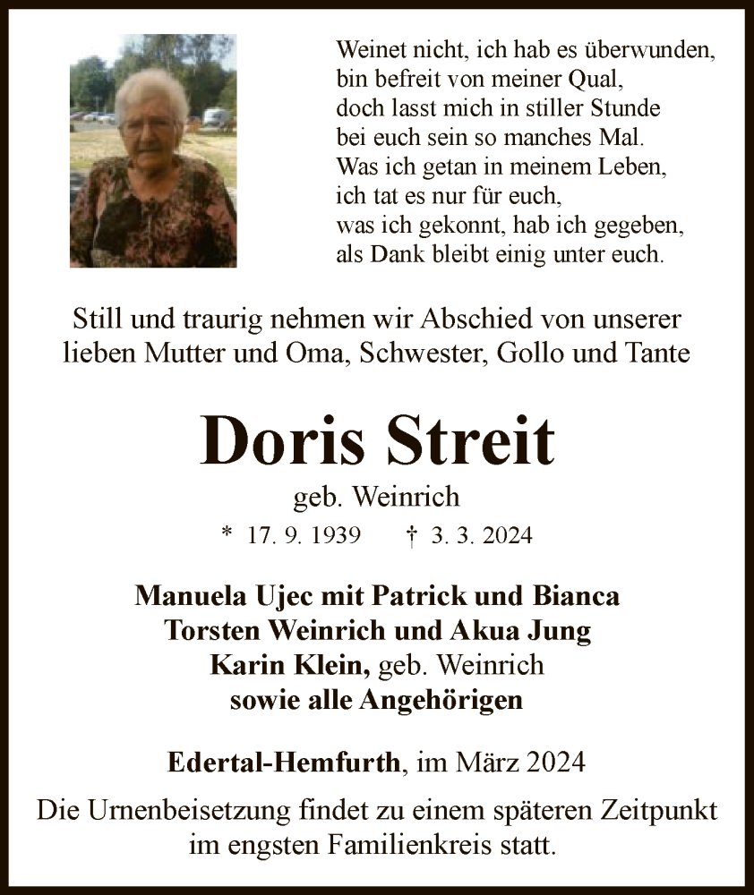  Traueranzeige für Doris Streit vom 09.03.2024 aus WLZ