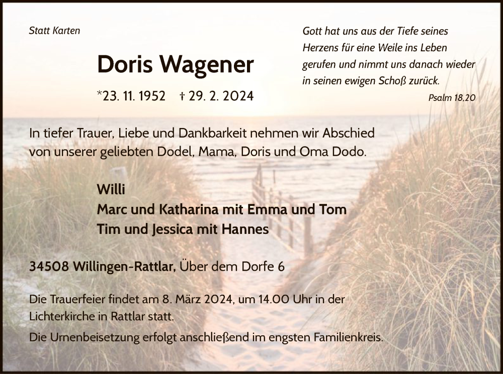  Traueranzeige für Doris Wagener vom 05.03.2024 aus WLZ