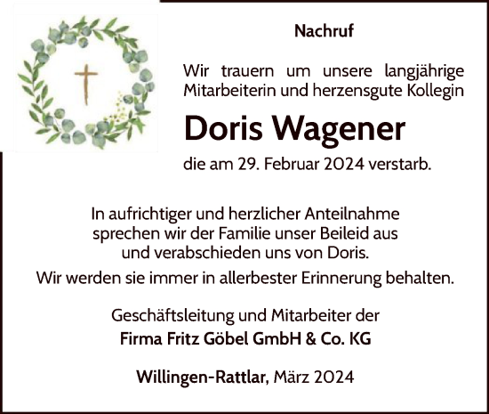 Traueranzeige von Doris Wagener von WLZ