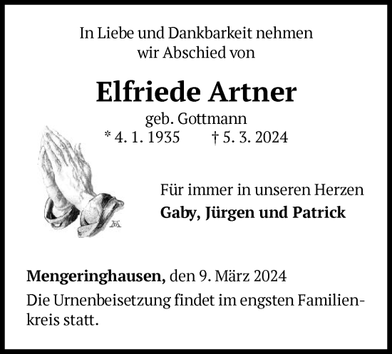 Traueranzeige von Elfriede Artner von WLZ