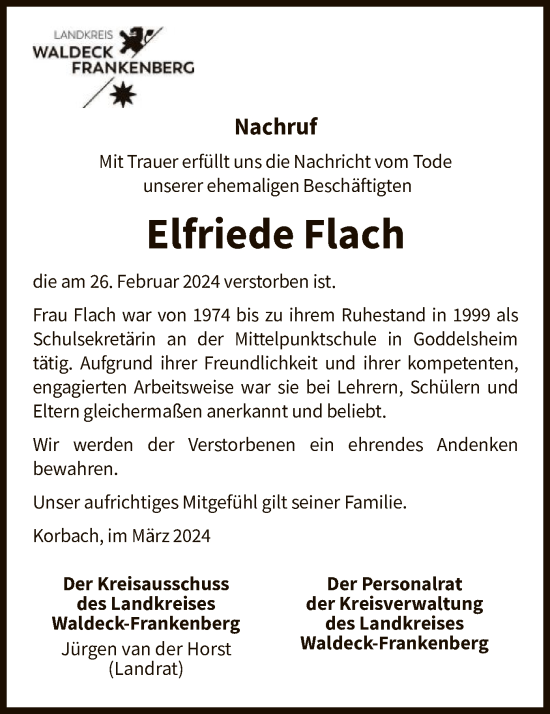 Traueranzeige von Elfriede Flach von WLZ