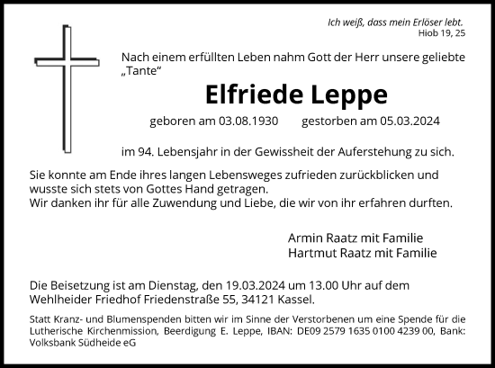 Traueranzeige von Elfriede Leppe von WLZ