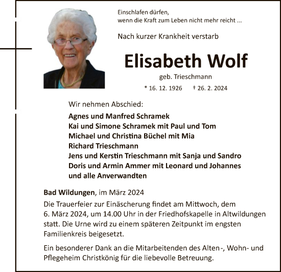 Traueranzeige von Elisabeth Wolf von WLZ