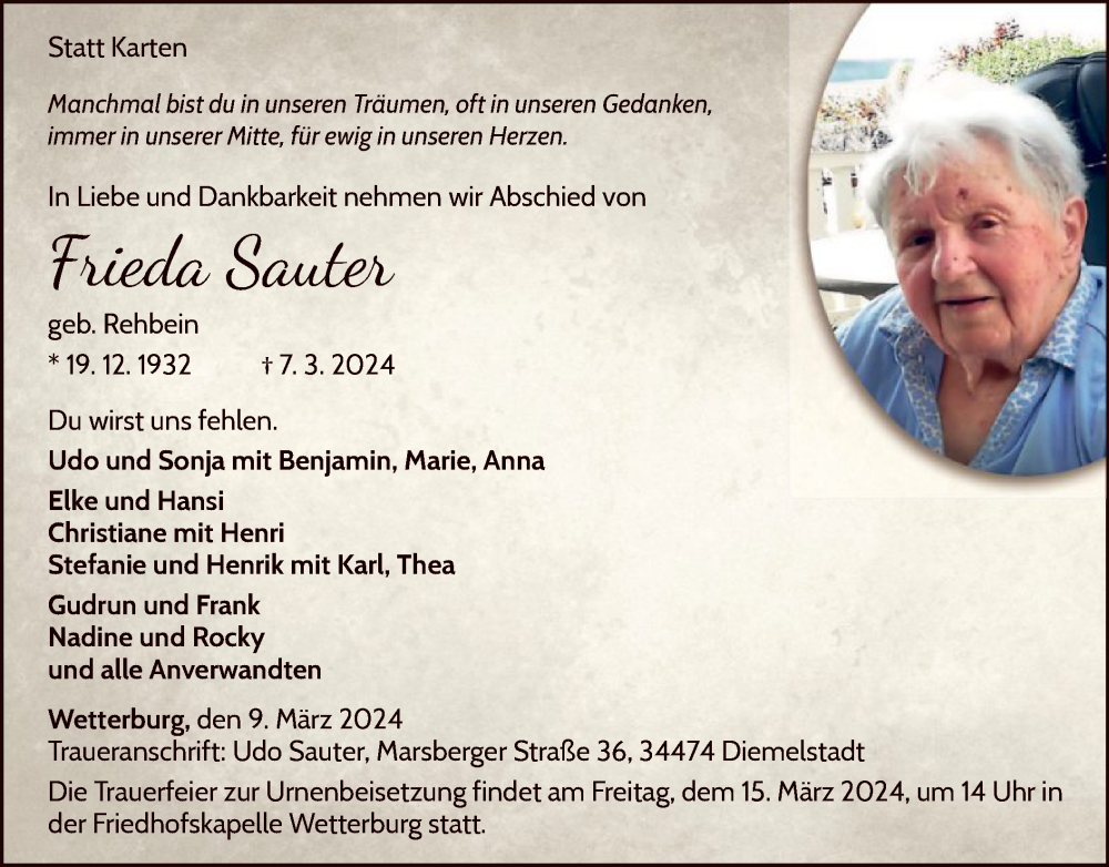  Traueranzeige für Frieda Sauter vom 09.03.2024 aus WLZ