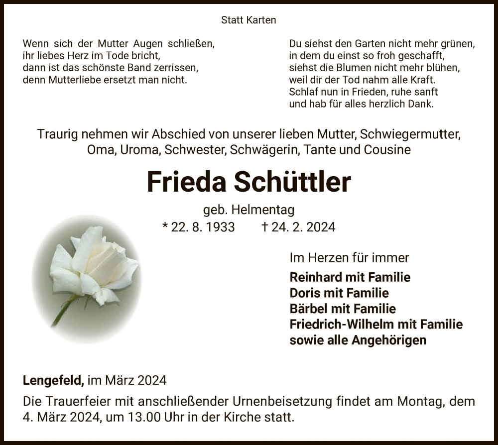  Traueranzeige für Frieda Schüttler vom 01.03.2024 aus WLZ