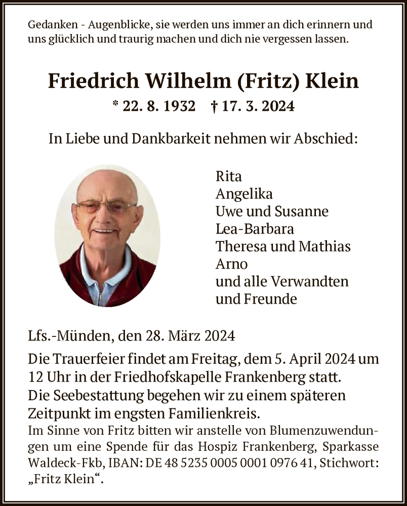  Traueranzeige für Friedrich Wilhelm Klein vom 28.03.2024 aus WLZ