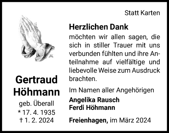 Traueranzeige von Gertraud Höhmann von WLZ