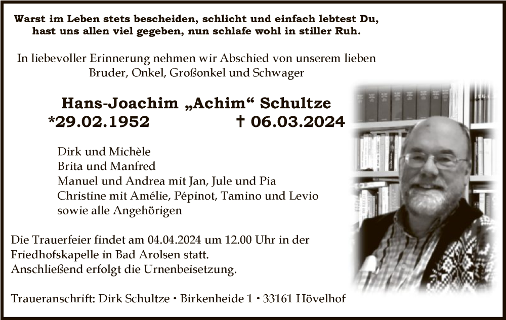  Traueranzeige für Hans-Joachim Achim Schultze vom 30.03.2024 aus WLZ