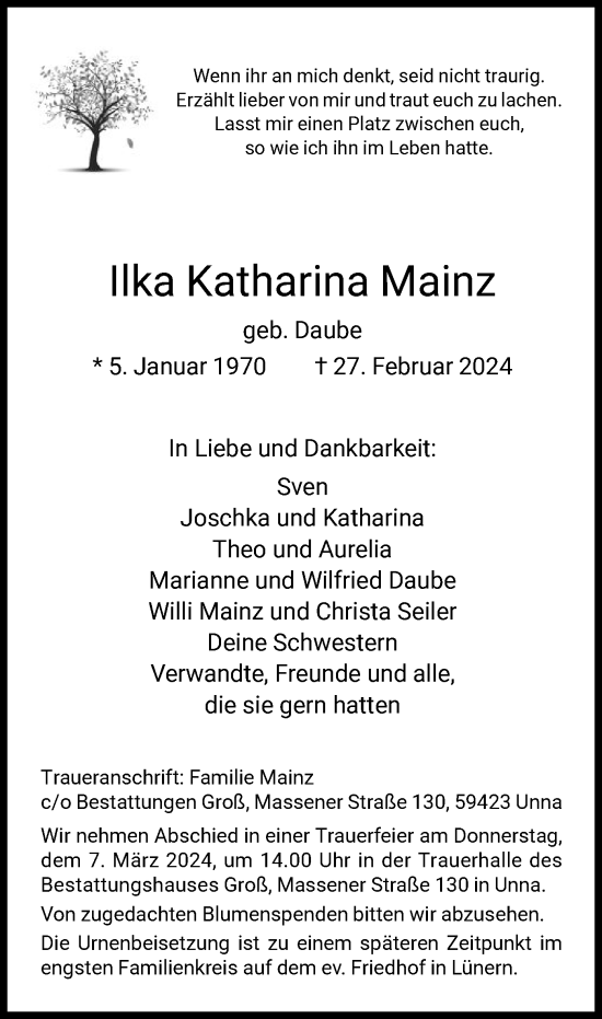 Traueranzeige von Ilka Katharina Mainz von WLZ