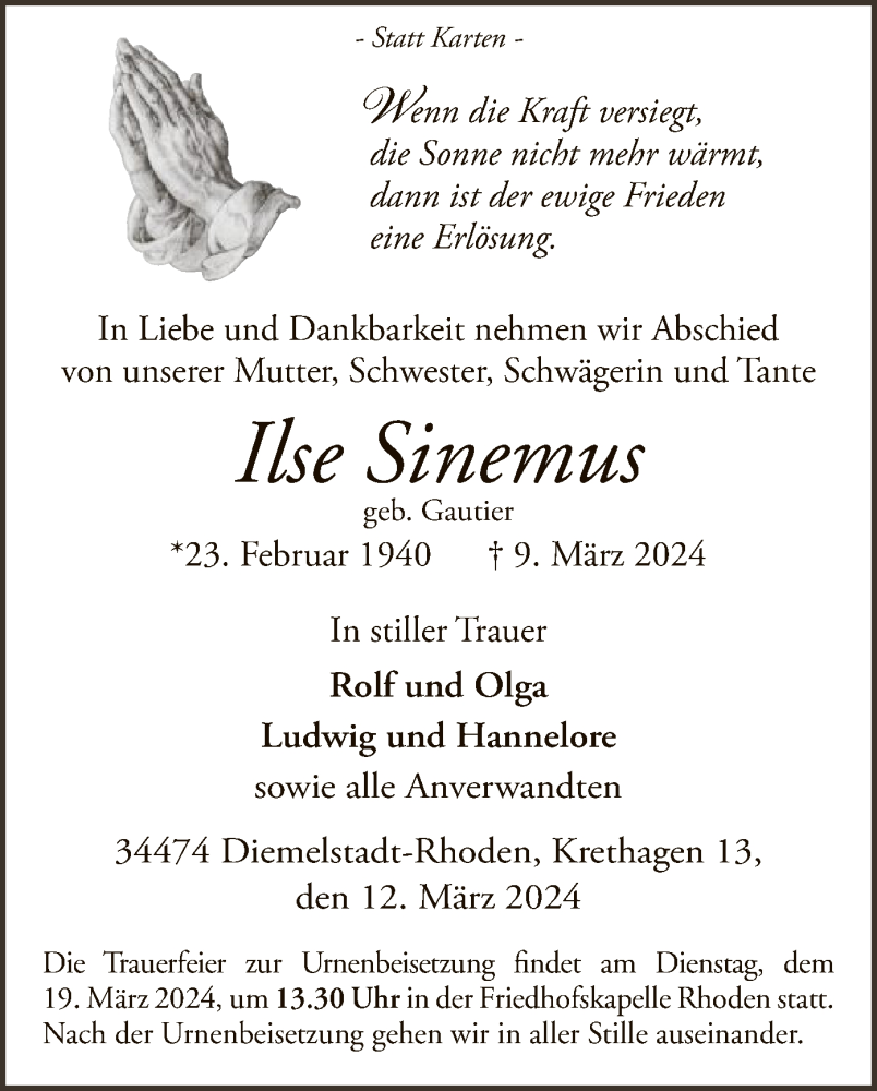  Traueranzeige für Ilse Sinemus vom 12.03.2024 aus WLZ