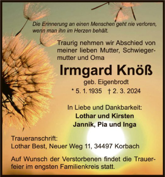 Traueranzeige von Irmgard Knöß von WLZ